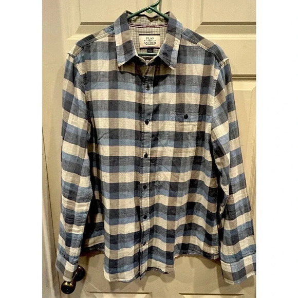 Flag & Anthem Button Down Cotton Shirt Blue Plaid Long Sleeve Men’s Size Large - Picture 1 of 10